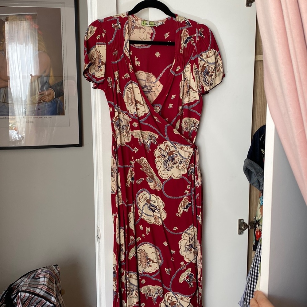 Loco Lindo Deep red cowboy novelty print 1950s style wrap dress in rayon